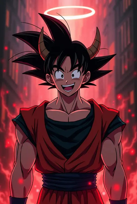 Goku but in a smiling demon with horns and an angel crown but in anime with black and red clothes