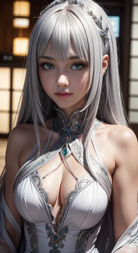 Ultra-detailed and intricate 3D rendering of a beautiful anime character, Beautiful soft studio light, Rim Light, Vivid details,Gorgeous, race, Ultra-realistic, Silver Hair, Ultra-realisticな中世の世界で親密な部分を表現, from front, looking at viewer, Shy Smile, A teenag...