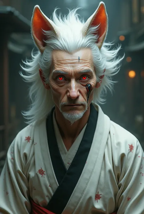 A white-haired man with dog ears and red eyes, wearing a yukata and a scar over his left eye.