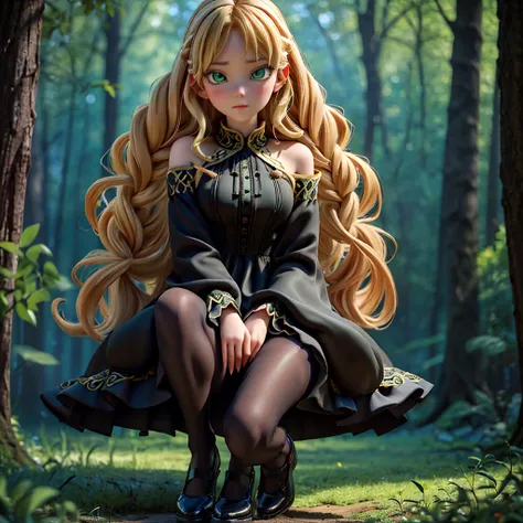 whole body、dress、pantyhose、black footwear、blonde、loose braids、beautiful face、green eyes、forest background、(masterpiece:1.2)、high...