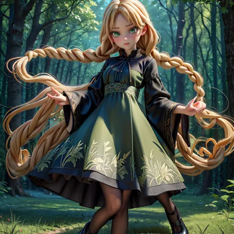 whole body、dress、pantyhose、Black footwear、Blonde、Loose braids、Beautiful Face、Green Eyes、Forest Background、(masterpiece:1.2)、Highest quality、Confused、Highly detailed wallpaper、Perfect lighting、(黒とのdress、length)sleeve:1.1)