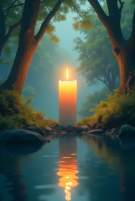 Create a candle image with trees and water.
