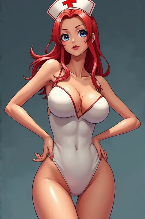 Created a picture of the character Nami from One Piece with a dick and a latex nurse outfit with huge breasts 