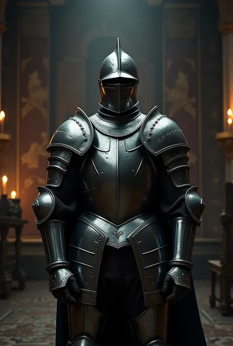 A clos up of knight in armor stading in a room