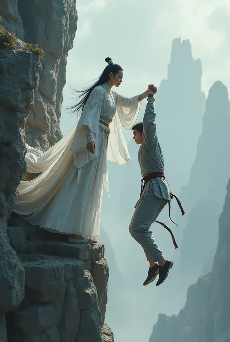 A female warrior in full Tang Dynasty regalia, in white, holding hands with a gray young man hanging from a cliff face, realistically portrayed by a real person.

