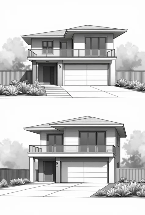 create a draft of front and back elevation of a two storey house with balcony for masters bedroom at second floor and garage at front semi modern design