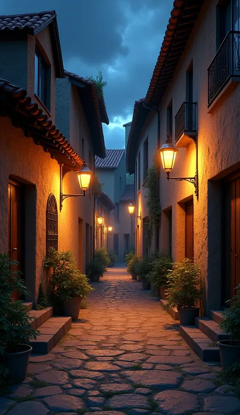 Design: A quiet, narrow cobblestone street in an old town, lit by the warm, golden glow of vintage street lamps. The street is lined with charming buildings, their windows glowing softly. The scene is peaceful, with the faint light creating a cozy, invitin...