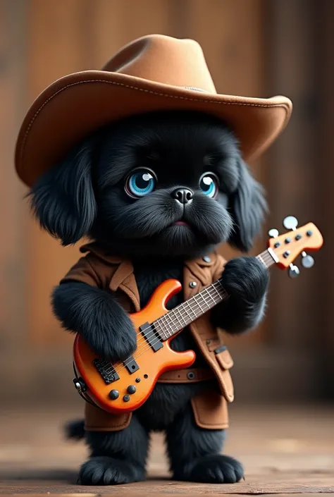 Black shih tzu puppy blue eyes dressed as a cowboy playing the bass sixth