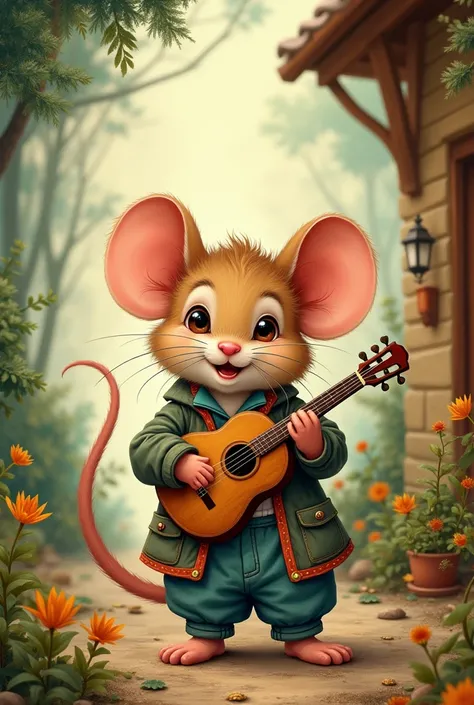 can you create a children book cover about a charming mouse and the title will be the charming mouse put an instrument in the mouse his hand 