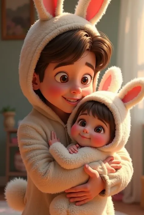 DISNEY PIXAR DAD WITH BROWN EYES DRESSED AS A RABBIT HUGGING HIS DAUGHTER BABY WITH BROWN EYES DRESSED AS A RABBIT 

