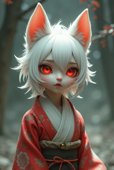 Famboy has white hair, red eyes, dog ears, and wears a kimono.