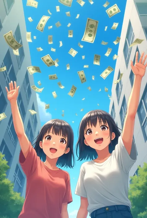 Two beautiful Japanese girls smile happily, look up, spread their arms, wait to receive money, which has a lot of money falling from the sky. 