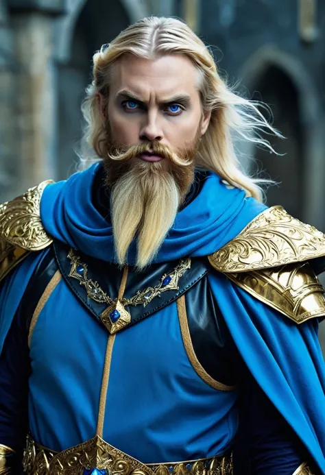 cineastic  foto of A fantasy wizard in a . 3 blonde hair goaty beard wearing blue robes with golden embodyments, black leather armour collar  and a blue pointy head. consumet and corupprted by dark powers