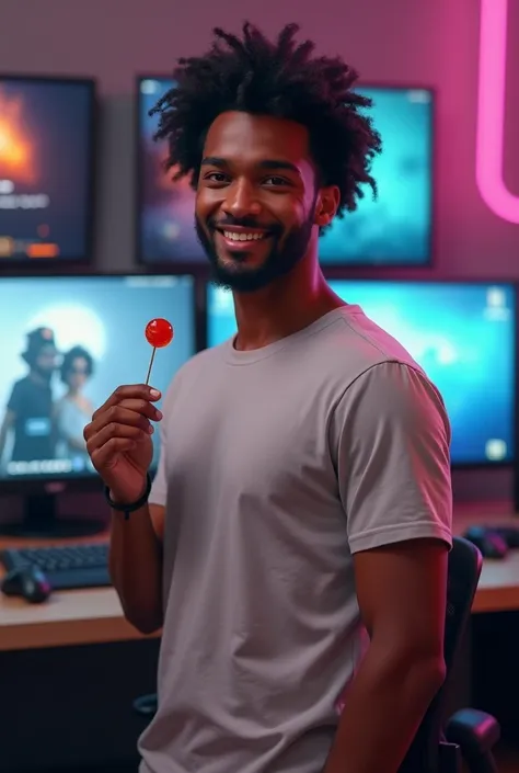 4D image of a  black male who is not thin, curly hair is not stylish, eyes browns, clean  face, sem beard, Wear casual clothes, t - shirt, standing in the gamer room, right hand holding a lollipop, For large and close-up images. high resolution.