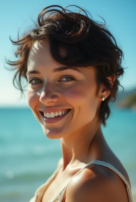 Beautiful woman, short hair, smiling, In the style of documentary photography, soft natural skin, Fujicolor c200, Dreamy closeup of a woman in the blue sky. Bright diffused light.