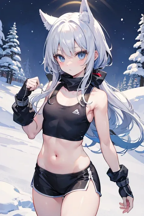 In the snowy mountains、Tight white racerback tank top、Tight black sports shorts、Elementary school girl、tall、Handsome、The navel is slightly visible、Empty-handed