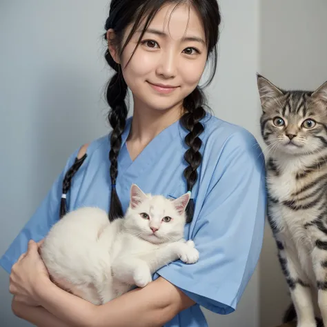 Portrait of a Japanese female veterinarian in her 30s, slight facial asymmetry,round face with rosy cheeks, large kind eyes, button nose, gentle smile revealing slight dimples, long silky black hair in a neat braid, wearing a light blue scrub top with paw ...