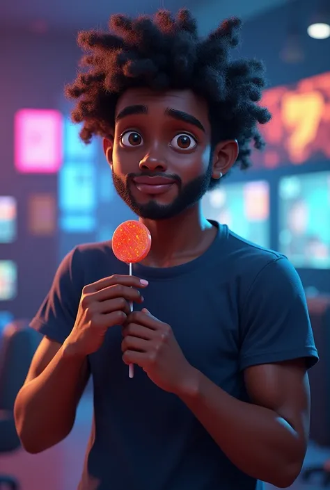 A 4D image of a  black male who is not thin, curly hair is not stylish, eyes browns, sem beard, Wear casual clothes, t - shirt, standing in the gamer room, right hand holding a lollipop, For large and close-up images. high resolution.