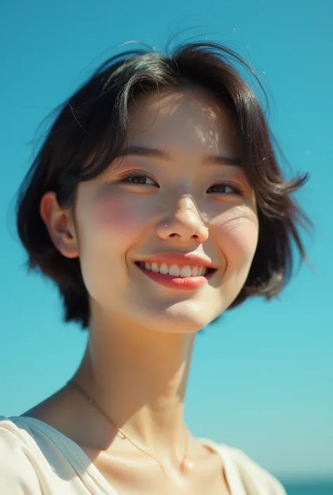 Beautiful woman, short hair, smiling, soft natural skin, Fujicolor c200, Dreamy closeup of a woman in the blue sky. Bright diffused light.