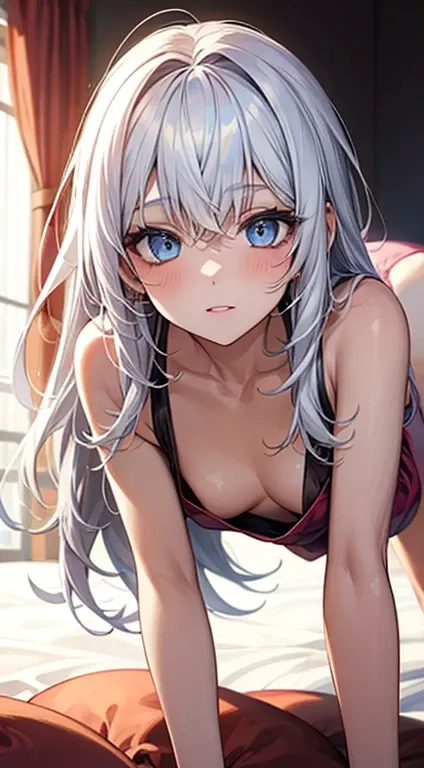 1_girl, Long white hair, Blue Eyes, Small breasts, Sexy pose wearing white, cushion, Lots of light, On all fours、Covered by a man&#39;s body、White liquid on the face、Pose of jumping on man&#39;s face、Stick your butt out、I can see the nipples、Close to a man...