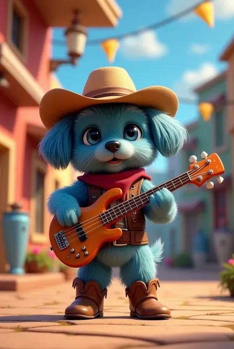 Blue shih tzu puppy blue eyes dressed as a cowboy playing the bass sixth 3D pixar style