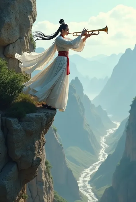 A female warrior in full Tang Dynasty regalia, dressed in white, playing a trumpet on a high cliff, hanging from the cliff face, is realistic and shows real people acting.

