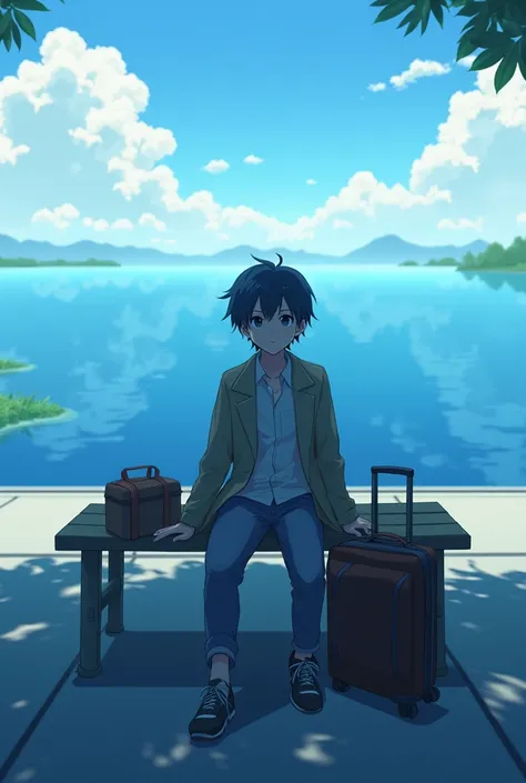 anime boy sitting on a bench with a suitcase and a bag, makoto shinkai cyril rolando, 4 k manga wallpaper, makoto shinkai!, in style of makoto shinkai, makoto shinkai!!, ultra hd anime wallpaper, 4k anime wallpaper, makoto shinkai style, wallpaper anime bl...