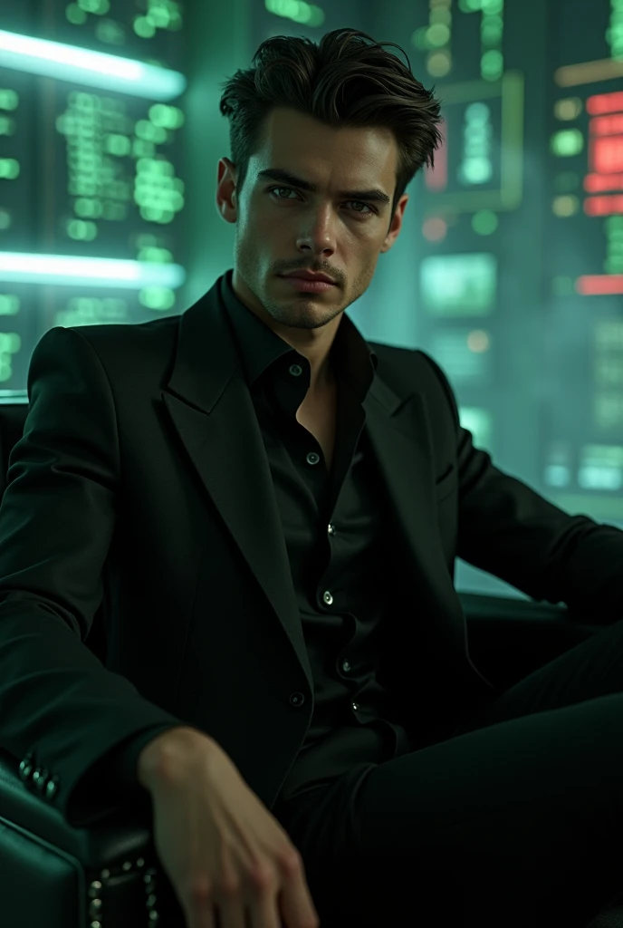 handsome boy setting on a "Matrix". wearing black suite. The background is mockup of his profile page with a profile name "Dx-Ahmed" and a profile picture. soft light reflection