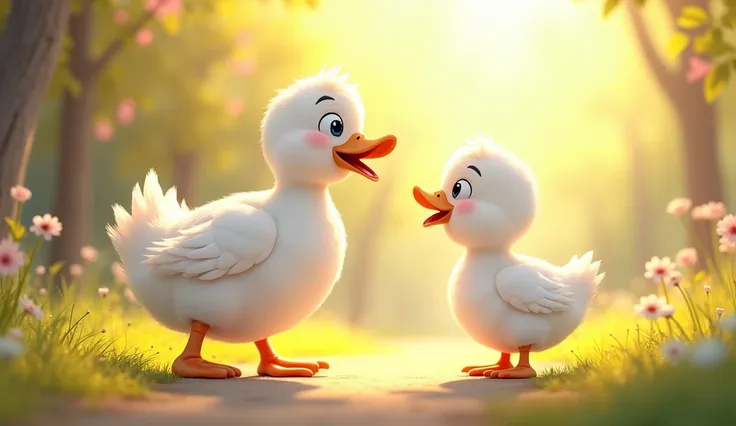 Create an cartoon image Show the white duck waddling toward the child with a joyful quack. The duck’s feathers should sparkle in the sunlight, emphasizing its snow-white color. Add a gentle, whimsical tune to enhance the duck’s cheerful character.