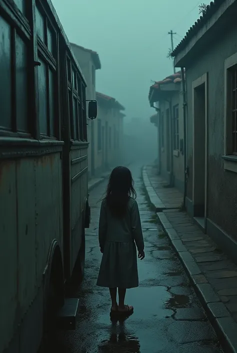 Girl gets on a bus with black windows. The Old Town, pastel shades, gloomy atmosphere, RAW photo, granularity, Bird&#39;s-eye