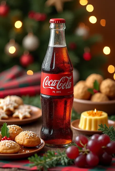 For a Christmas image that includes a very cold Coca-Cola with ice cubes and various traditional foods, Imagine a festive table decorated with Christmas decorations. In the middle, Place a bottle of cold Coca-Cola next to a plate full of decorated Christma...