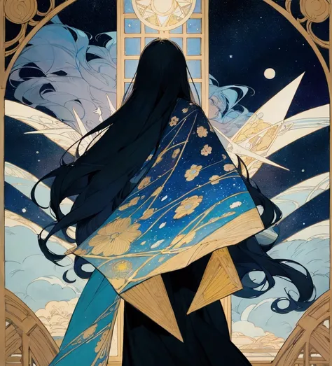 The image appears to be a page from a graphic novel or comic book.. On top, There is an illustration of a character with long hair seen from behind, looking out a window at a starry night sky. The window frame and edges are decorated with floral and geomet...