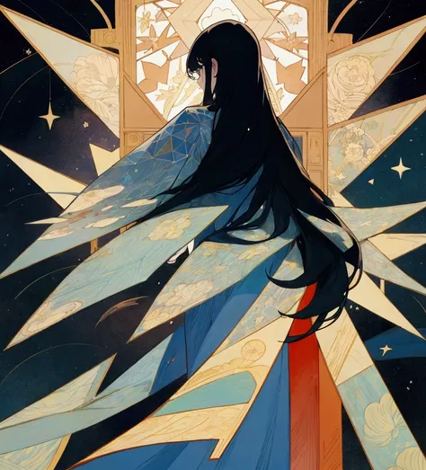 The image appears to be a page from a graphic novel or comic book.. On top, There is an illustration of a character with long hair seen from behind, looking out a window at a starry night sky. The window frame and edges are decorated with floral and geomet...