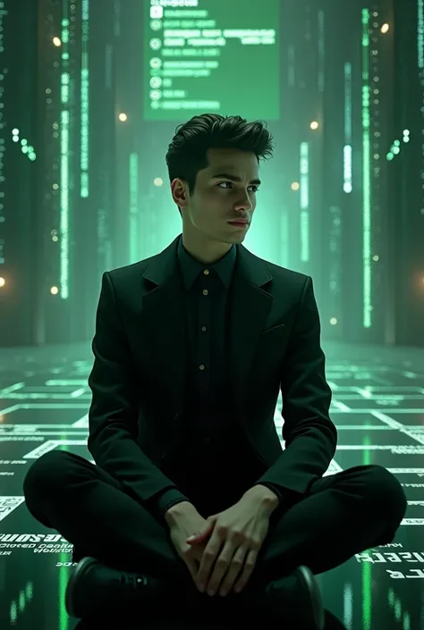 a handsome boy in a black suit, sitting in a matrix-like digital environment, with a profile page mockup in the background displaying the name "Dx-Ahmed" and a profile picture, soft lighting and reflections