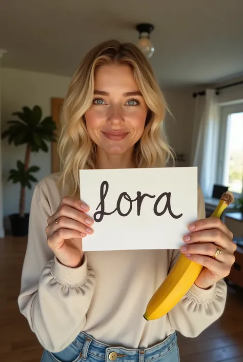 create an influencer,blonde hair,Scandinavian,light eyes,light brown skin,holds up a verification sign that says lora which is handwritten(with a ballpoint pen, in her living room,banana in hand,