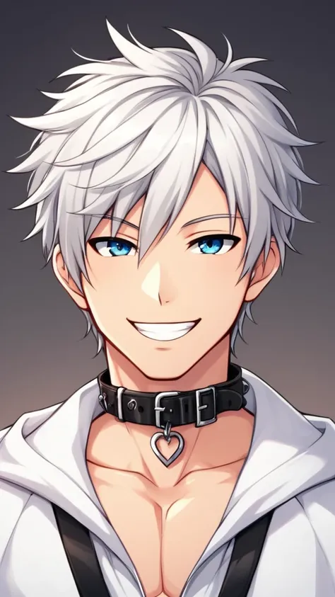 a character is portrayed with a long silver white hair with a collar, 1boy, solo, male focus, smile, looking at viewer