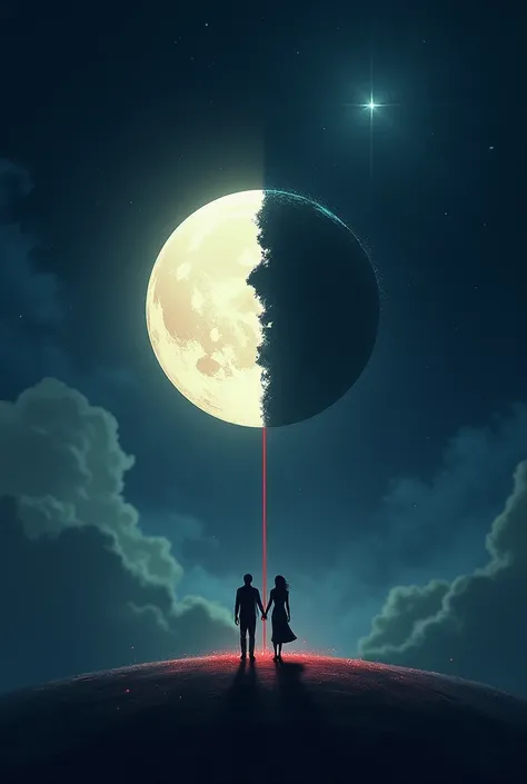 A moon separated on the half and a couple everyone of then on half of the moon both are connected with a red string 