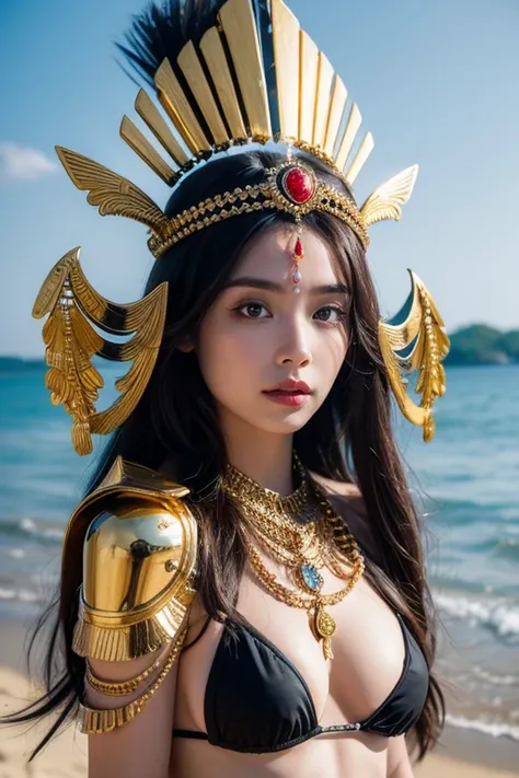 Godness, A stunning, hyperrealistic portrait of a beautiful woman in a black warrior bikini and ornate iron headdress, standing on a beach. The detailed face resembles that of a goddess, and the armor is exquisitely crafted, masterpiece, maxium resolution,...