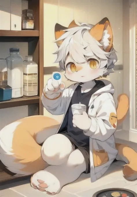 White male cat，boy，cute，Handsome，Silver Hair，Golden Eyes，Big furry tail，Meat pad，Orange hair，White hair，Home，In the laboratory，Wearing a white coat