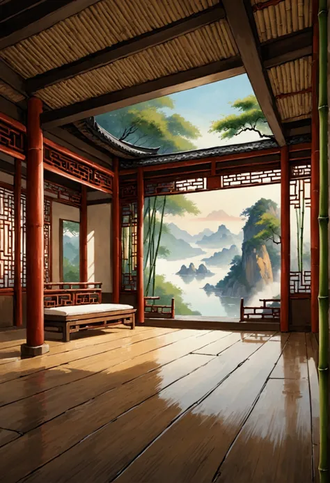 The scenery, Chinese style, Cliff, bamboo, dreamy atmosphere, floor, open ceiling