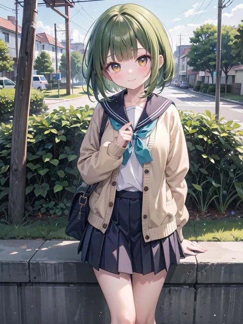 Masterpiece, hd, best quality,bbashame meme, bangs, brown eyes, green hair, blunt bangs, medium hair, messy hair, skirt, shirt, long sleeves, school uniform, white shirt, pleated skirt, open clothing, serafuku, sailor collar, blue skirt, scarf, cardigan, b...