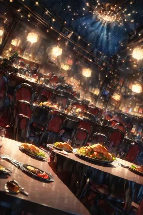 anime, adventurer's tavern, fish dishes, dish, fork, knife, table, cinema lighting, masterpiece, highest quality(depth of field ...