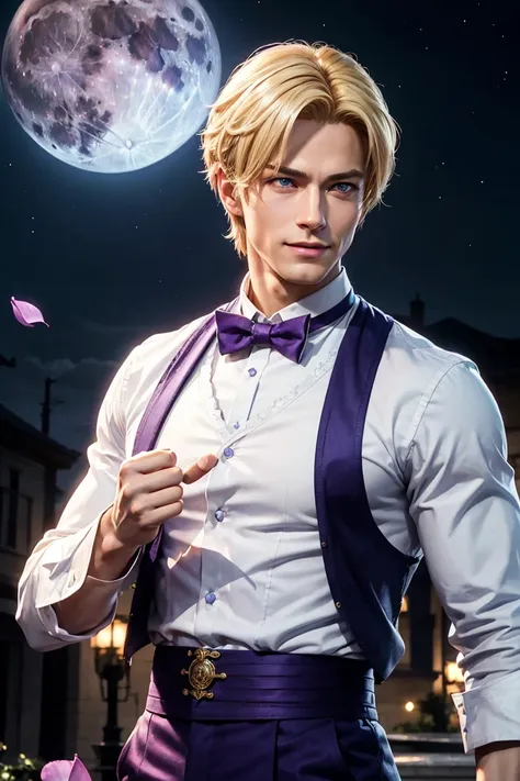 kof,king of fighters,king,blue eyes,blonde hair,medium hair,white long shirt,purple vest,a bow tie,beautiful white skin,photorea...