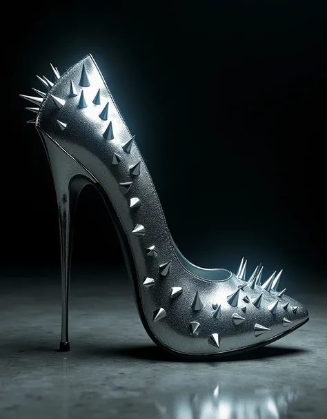 A shiny metallic silver metal stiletto heel with numerous sharp spikes and sharp blades.