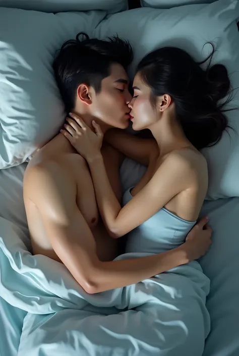 1 asian man and one asian woman resting in bed., She is kissing her lips, Cool backgrounds, Without clothes,Beautiful Skin,