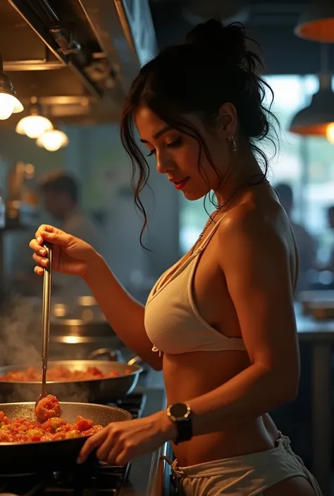 a latin woman, semi naked, cooking, restaurant