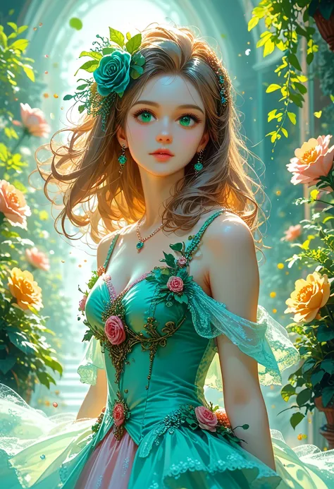 a bizarre fantasy, elegant rose, floral botany, minimalism with a wave of colors, garden flowing flowers, floating in a misty pa...