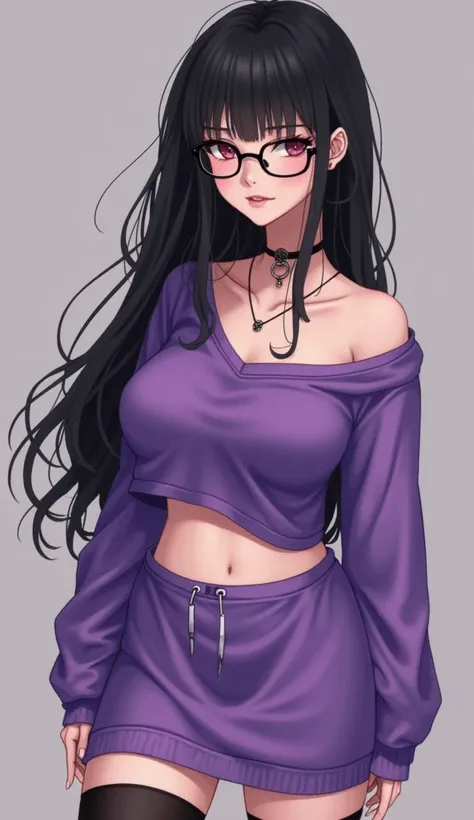 ((Purple one-piece hip skirt))，sweater，Black long hair，Glasses，Cute girl，(Stockings，A black，white leg ring），necklace，Big breasts