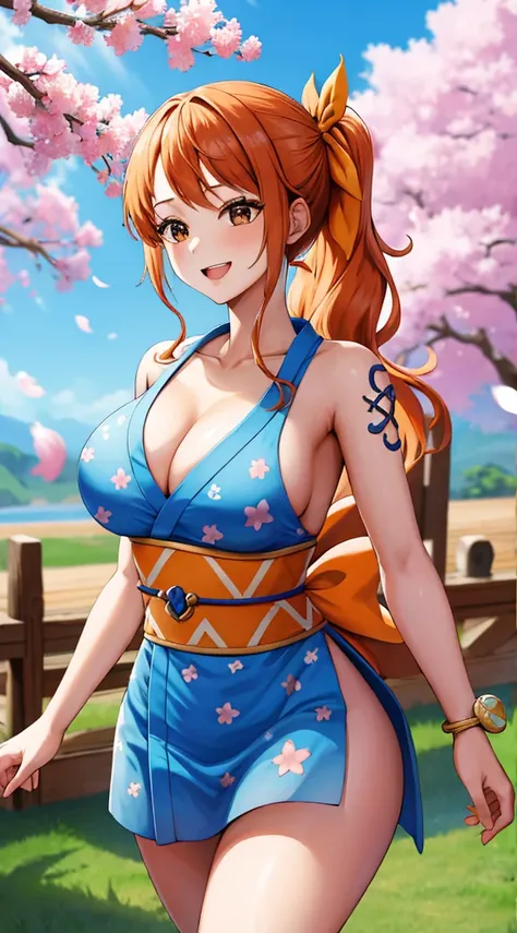 masterpiece, Highest quality, High resolution, we (one piece), Long Hair, Orange Hair, Low Ponytail, Hair Ribbon, Blue ribbon, Brown eyes, clavicle, Cleavage, Short kimono, Blue kimono, No sleeve, Bare arms, bracelet, sash, heart, Are standing, Cowboy Shot...