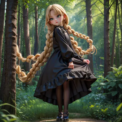 whole body、dress、pantyhose、black footwear、blonde、loose braids、beautiful face、green eyes、forest background、(masterpiece:1.2)、high...